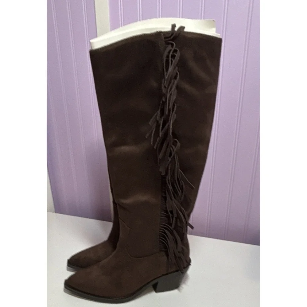 Universal Thread Brown Knee High Western Fringe Side Zip Boots Women's US 7